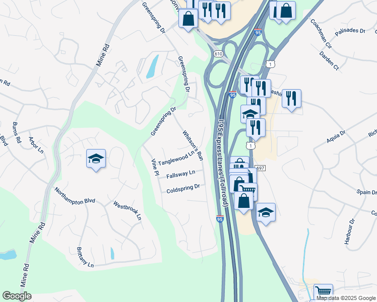 map of restaurants, bars, coffee shops, grocery stores, and more near 203 Tanglewood Lane in Stafford