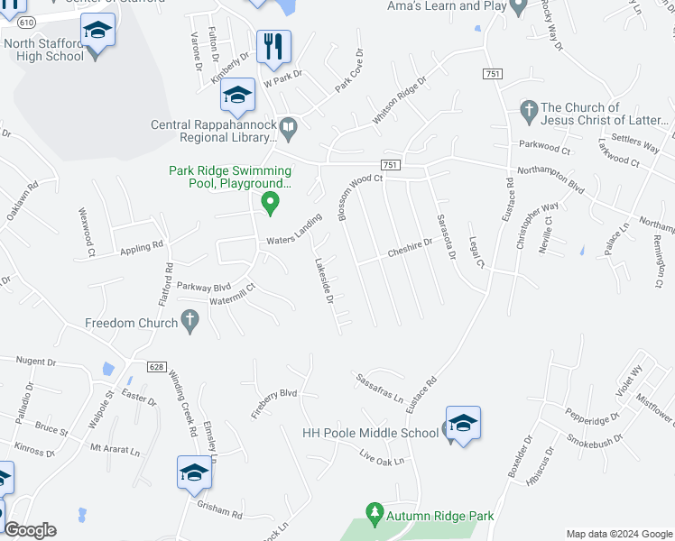 map of restaurants, bars, coffee shops, grocery stores, and more near 7 Kip Court in Stafford