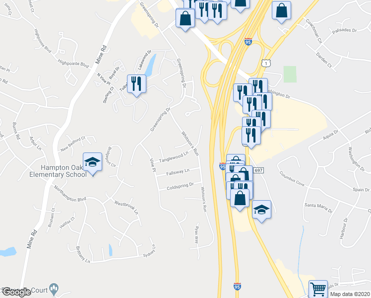 map of restaurants, bars, coffee shops, grocery stores, and more near 203 Tanglewood Lane in Stafford