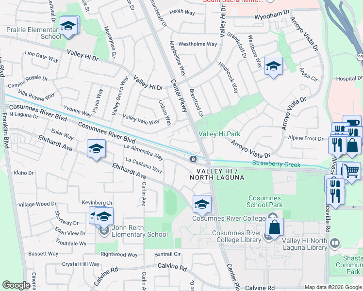 map of restaurants, bars, coffee shops, grocery stores, and more near 8200 Center Parkway in Sacramento