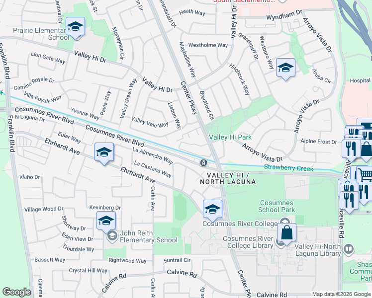 map of restaurants, bars, coffee shops, grocery stores, and more near 8200 Center Parkway in Sacramento