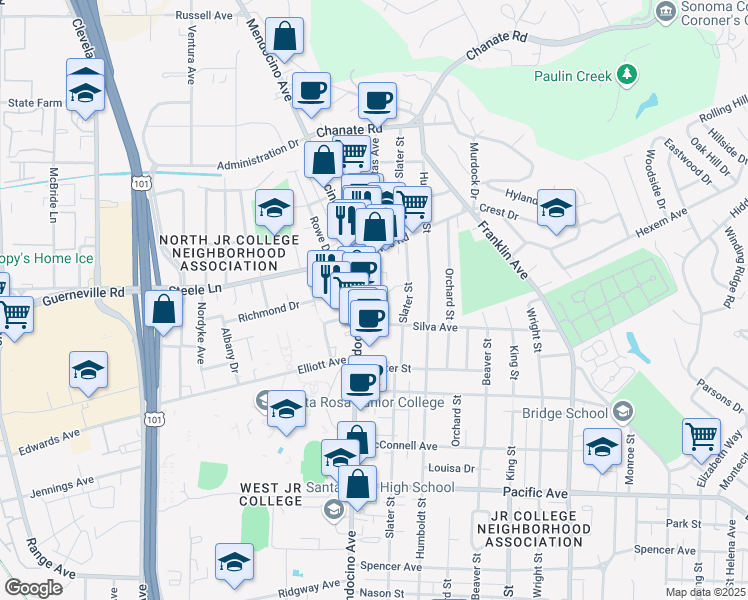 map of restaurants, bars, coffee shops, grocery stores, and more near 2050 Mendocino Avenue in Santa Rosa