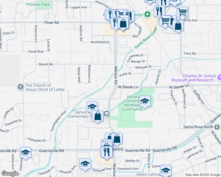 map of restaurants, bars, coffee shops, grocery stores, and more near 2785 Marlow Court in Santa Rosa