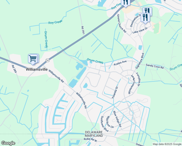 map of restaurants, bars, coffee shops, grocery stores, and more near 30159 Candleberry Drive in Selbyville