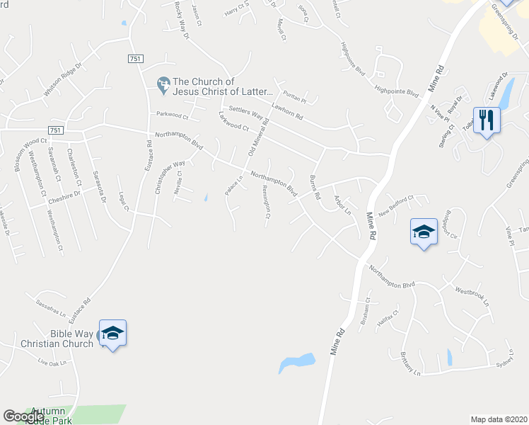 map of restaurants, bars, coffee shops, grocery stores, and more near 16 Remington Court in Stafford