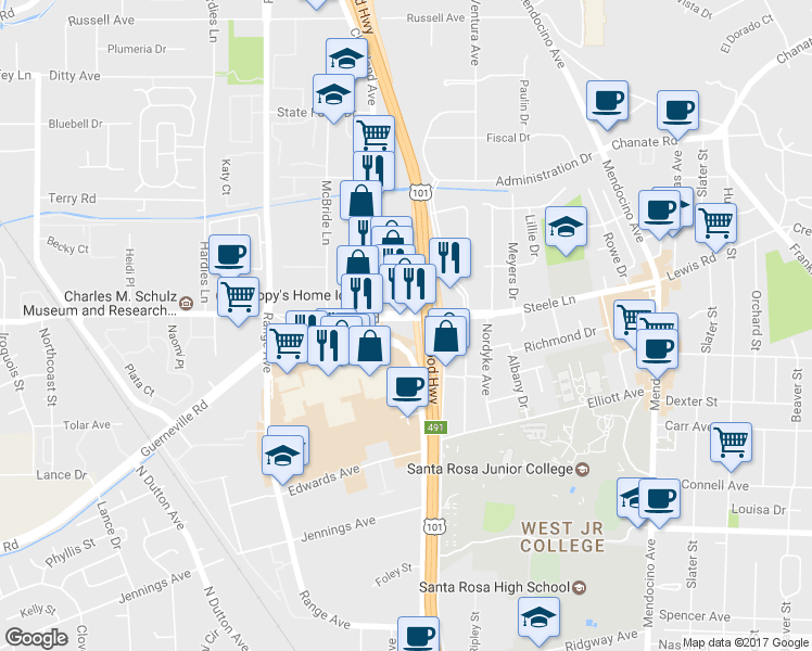 map of restaurants, bars, coffee shops, grocery stores, and more near 1000 Steele Ln in Santa Rosa
