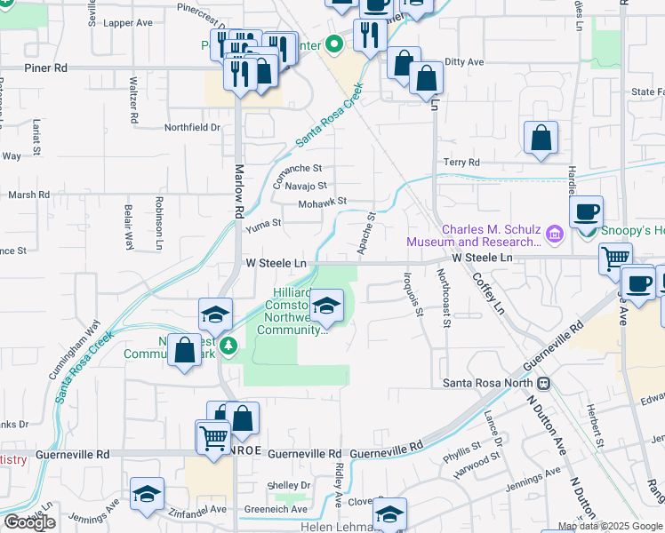 map of restaurants, bars, coffee shops, grocery stores, and more near 2760 West Steele Lane in Santa Rosa