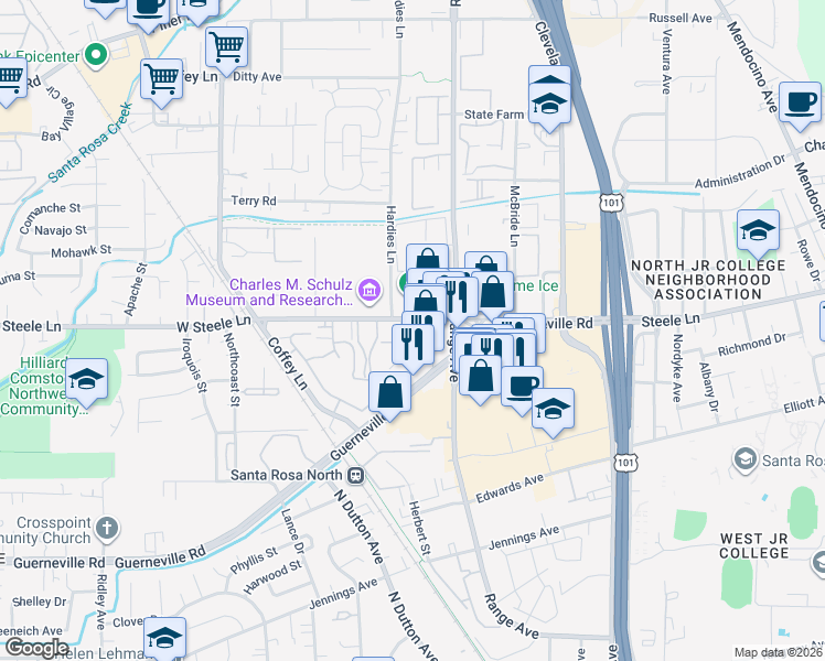 map of restaurants, bars, coffee shops, grocery stores, and more near 1650 West Steele Lane in Santa Rosa