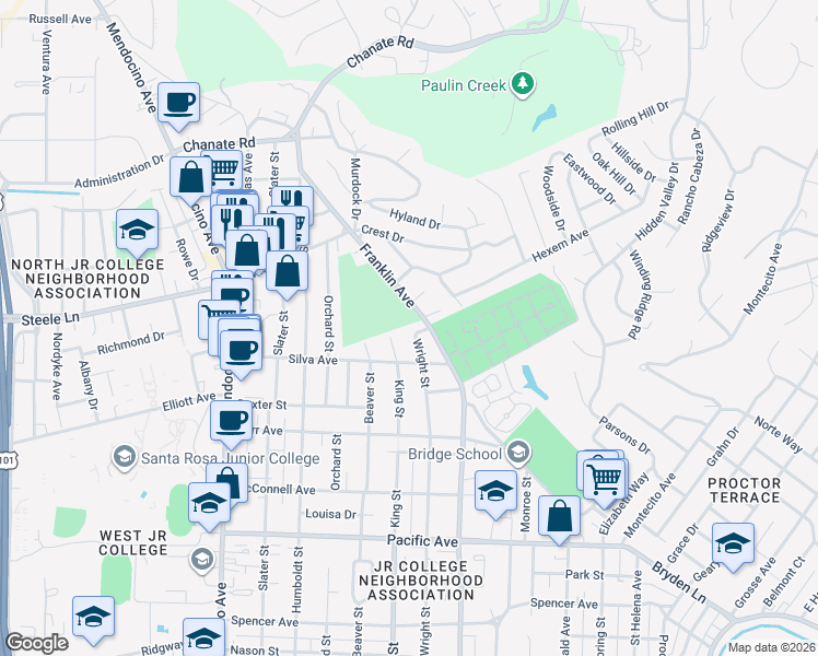 map of restaurants, bars, coffee shops, grocery stores, and more near 1855 Wright Street in Santa Rosa
