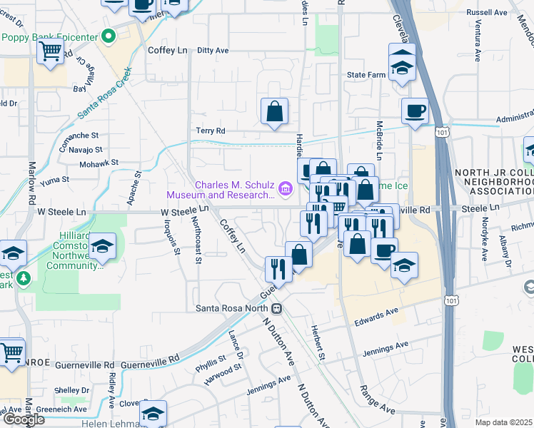 map of restaurants, bars, coffee shops, grocery stores, and more near 1952 West Steele Lane in Santa Rosa