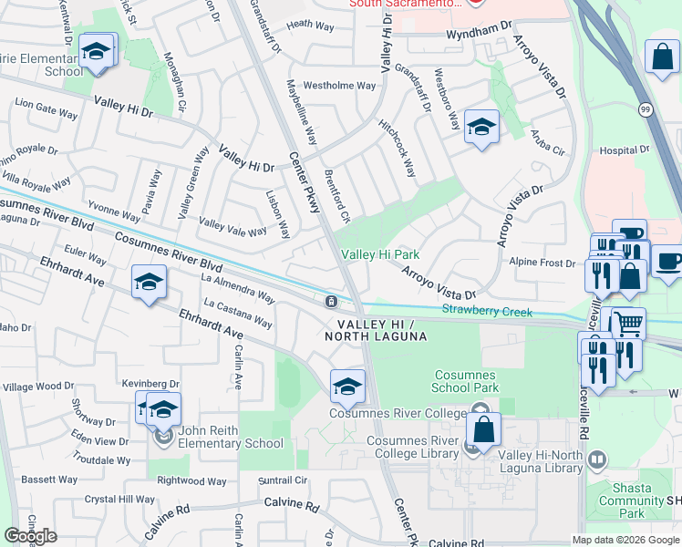 map of restaurants, bars, coffee shops, grocery stores, and more near 8212 Center Parkway in Sacramento