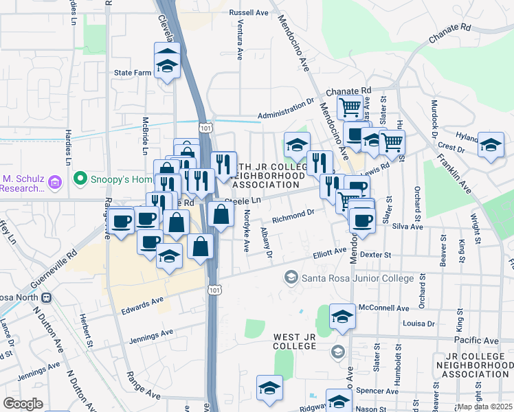 map of restaurants, bars, coffee shops, grocery stores, and more near 615 Steele Lane in Santa Rosa