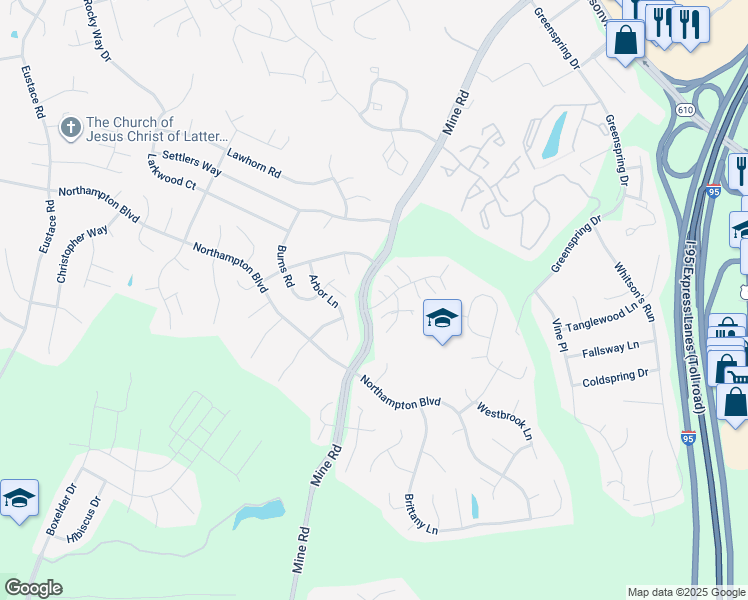 map of restaurants, bars, coffee shops, grocery stores, and more near 1 New Bedford Court in Stafford