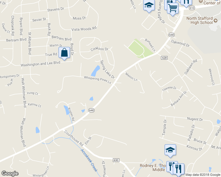 map of restaurants, bars, coffee shops, grocery stores, and more near 269 Shelton Shop Road in Stafford