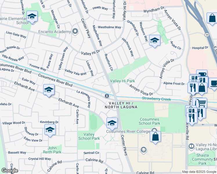 map of restaurants, bars, coffee shops, grocery stores, and more near 8212 Center Parkway in Sacramento