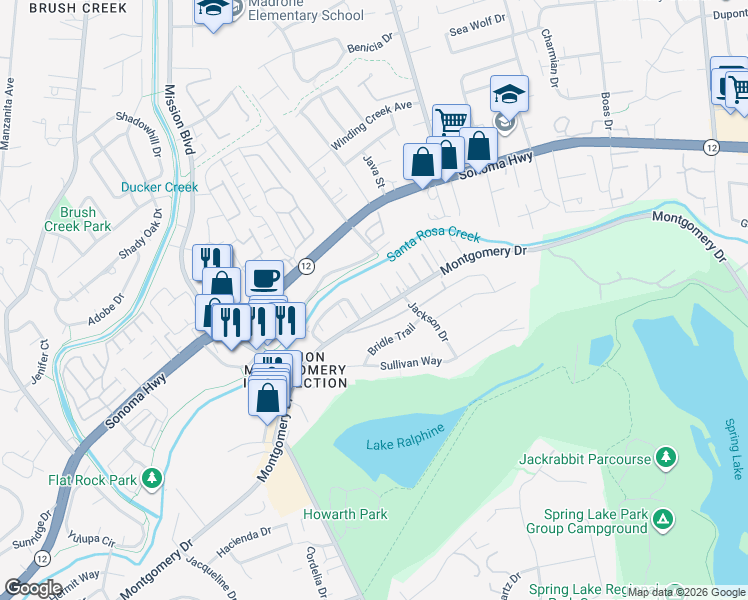 map of restaurants, bars, coffee shops, grocery stores, and more near 18 Creekview Ct in Santa Rosa