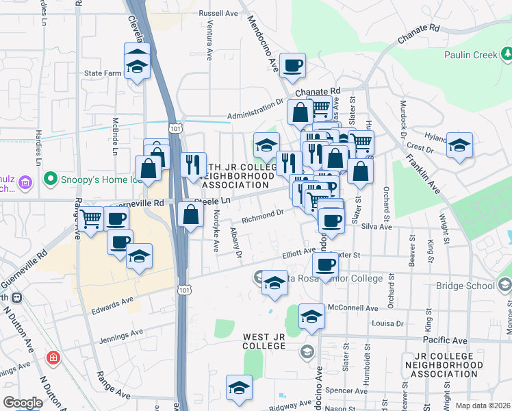 map of restaurants, bars, coffee shops, grocery stores, and more near 2132 Berkeley Drive in Santa Rosa