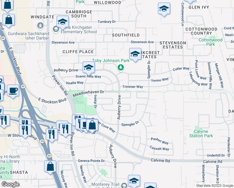 map of restaurants, bars, coffee shops, grocery stores, and more near 8300 Meadowhaven Drive in Sacramento
