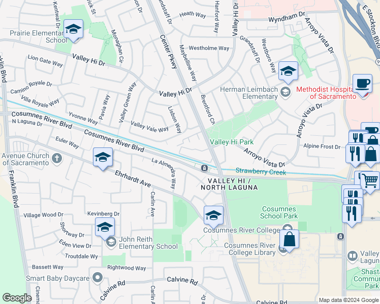 map of restaurants, bars, coffee shops, grocery stores, and more near 8256 Center Parkway in Sacramento