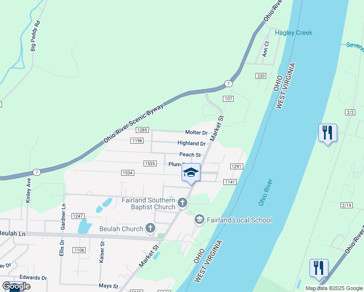 map of restaurants, bars, coffee shops, grocery stores, and more near 133 Township Road 1196 in Proctorville
