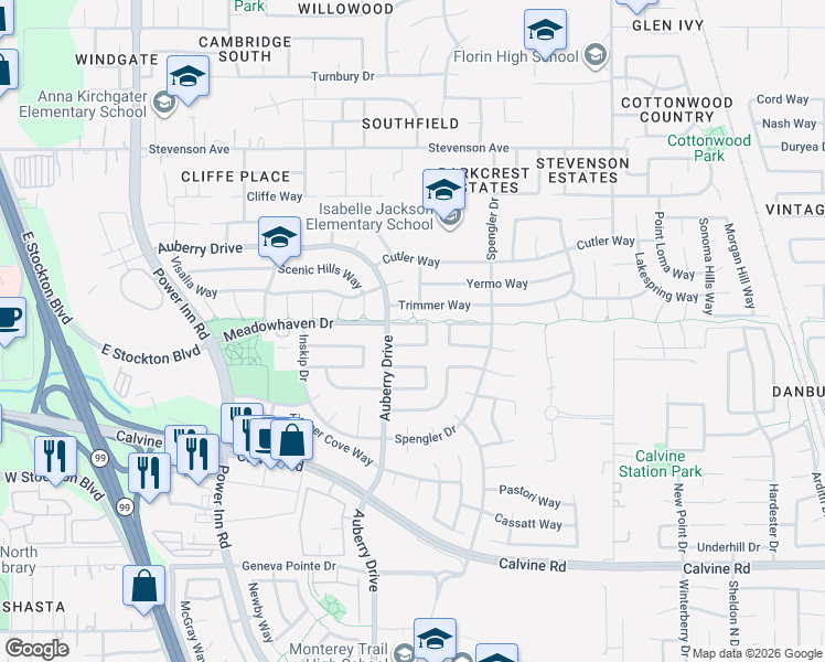 map of restaurants, bars, coffee shops, grocery stores, and more near 8316 Triad Circle in Sacramento