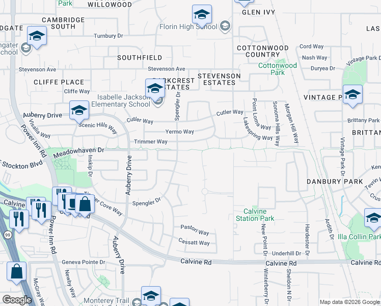 map of restaurants, bars, coffee shops, grocery stores, and more near 8426 Trimmer Way in Sacramento