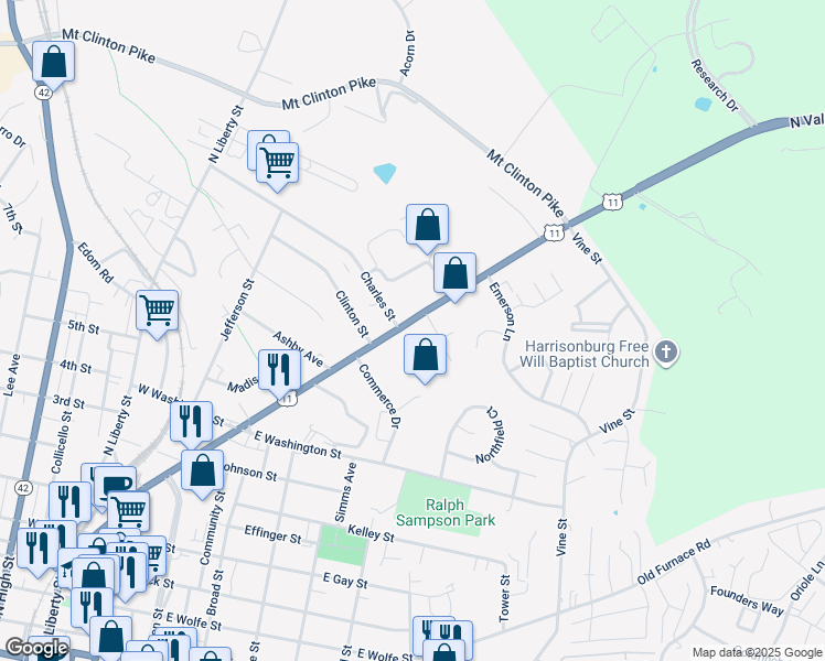 map of restaurants, bars, coffee shops, grocery stores, and more near 1040 North Main Street in Harrisonburg