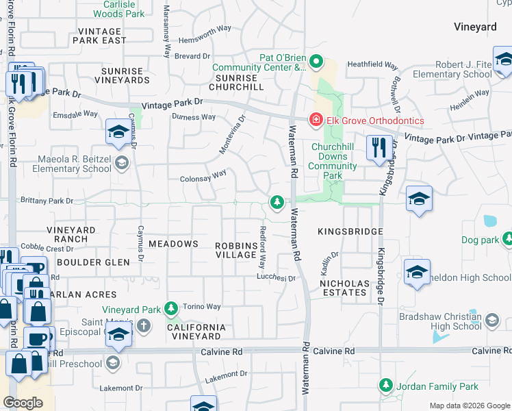 map of restaurants, bars, coffee shops, grocery stores, and more near 8203 Gardenside Court in Sacramento