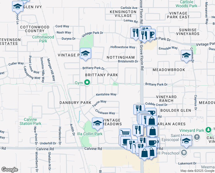 map of restaurants, bars, coffee shops, grocery stores, and more near 8201 Surrey Park Court in Sacramento