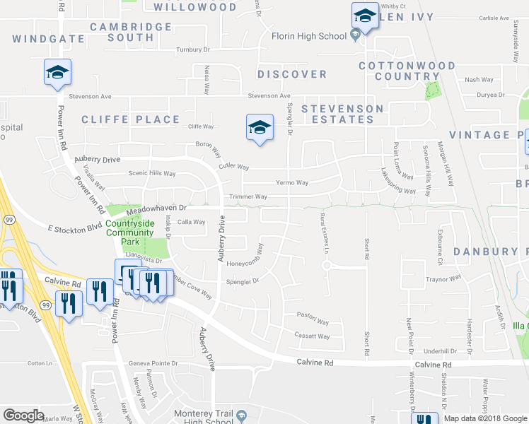 map of restaurants, bars, coffee shops, grocery stores, and more near 8329 Alpinmead Circle in Sacramento
