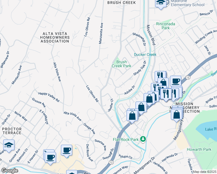 map of restaurants, bars, coffee shops, grocery stores, and more near 844 Brush Creek Road in Santa Rosa