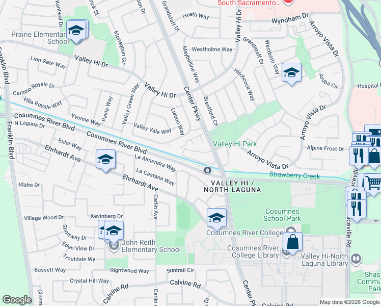 map of restaurants, bars, coffee shops, grocery stores, and more near 8200 Center Parkway in Sacramento