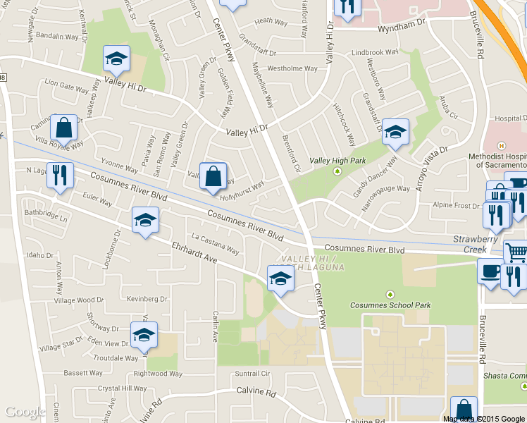 map of restaurants, bars, coffee shops, grocery stores, and more near 8200 Center Parkway in Sacramento