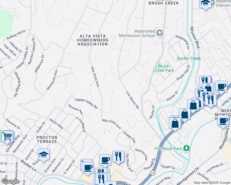 map of restaurants, bars, coffee shops, grocery stores, and more near 1859 Happy Valley Road in Santa Rosa