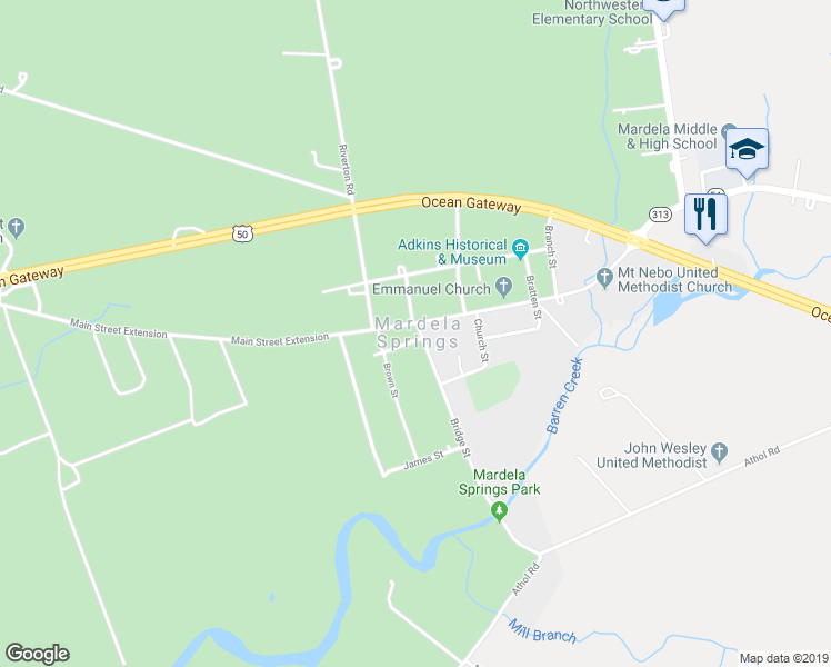 map of restaurants, bars, coffee shops, grocery stores, and more near 500 Main Street in Mardela Springs