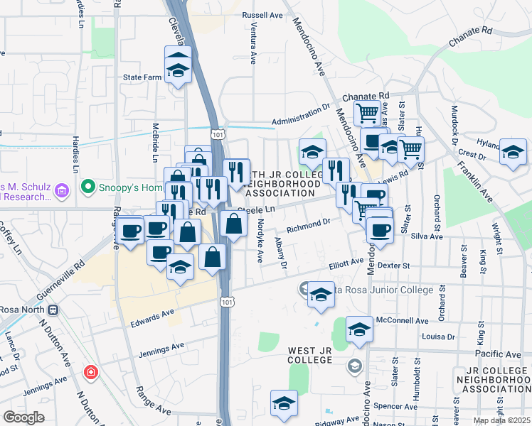 map of restaurants, bars, coffee shops, grocery stores, and more near 2090 Nordyke Avenue in Santa Rosa
