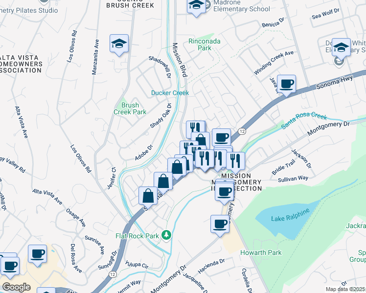 map of restaurants, bars, coffee shops, grocery stores, and more near 579 Mission Boulevard in Santa Rosa