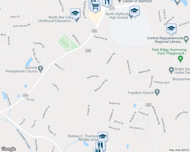 map of restaurants, bars, coffee shops, grocery stores, and more near 109 Theresa Drive in Stafford