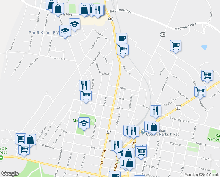 map of restaurants, bars, coffee shops, grocery stores, and more near 850 Lee Avenue in Harrisonburg