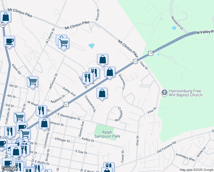 map of restaurants, bars, coffee shops, grocery stores, and more near 1114 North Main Street in Harrisonburg