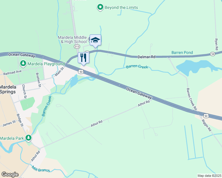 map of restaurants, bars, coffee shops, grocery stores, and more near 25071 Ocean Gateway in Mardela Springs