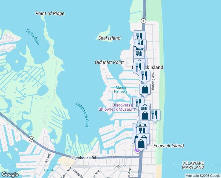 map of restaurants, bars, coffee shops, grocery stores, and more near 1004 Schultz Road in Fenwick Island