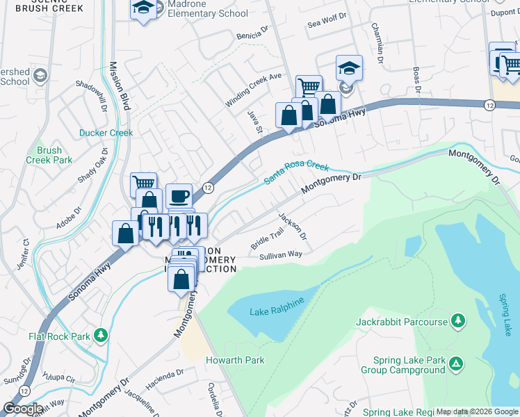 map of restaurants, bars, coffee shops, grocery stores, and more near 22 Greengate Court in Santa Rosa