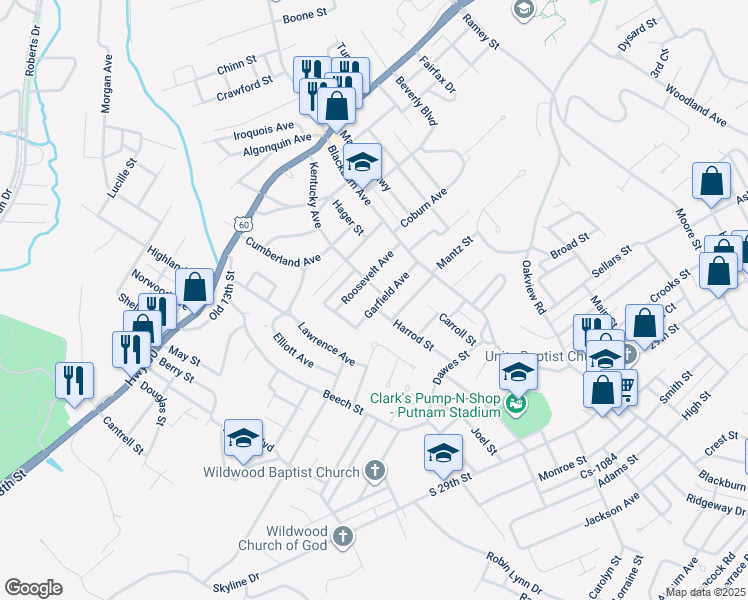 map of restaurants, bars, coffee shops, grocery stores, and more near 2614 Roosevelt Avenue in Ashland