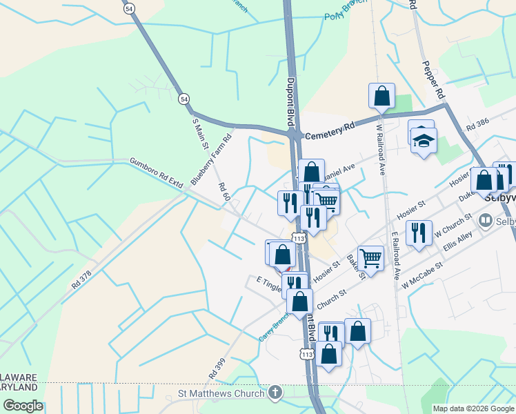 map of restaurants, bars, coffee shops, grocery stores, and more near 219 Gumboro Road Extd in Selbyville