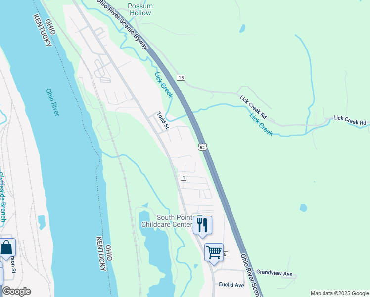 map of restaurants, bars, coffee shops, grocery stores, and more near 1097 County Road 1 in South Point