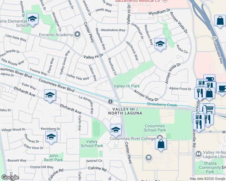 map of restaurants, bars, coffee shops, grocery stores, and more near 8212 Center Parkway in Sacramento