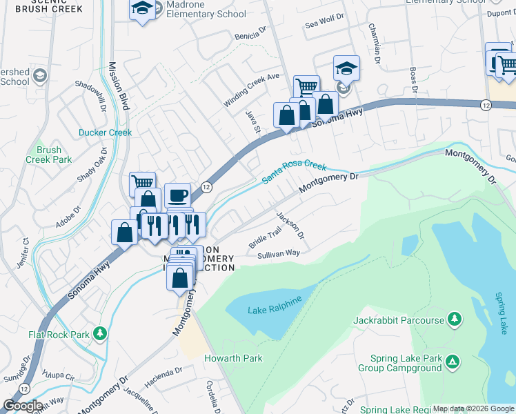 map of restaurants, bars, coffee shops, grocery stores, and more near 22 Greengate Court in Santa Rosa