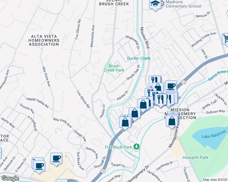 map of restaurants, bars, coffee shops, grocery stores, and more near 812 Shady Oak Drive in Santa Rosa