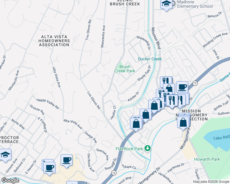 map of restaurants, bars, coffee shops, grocery stores, and more near 844 Brush Creek Road in Santa Rosa